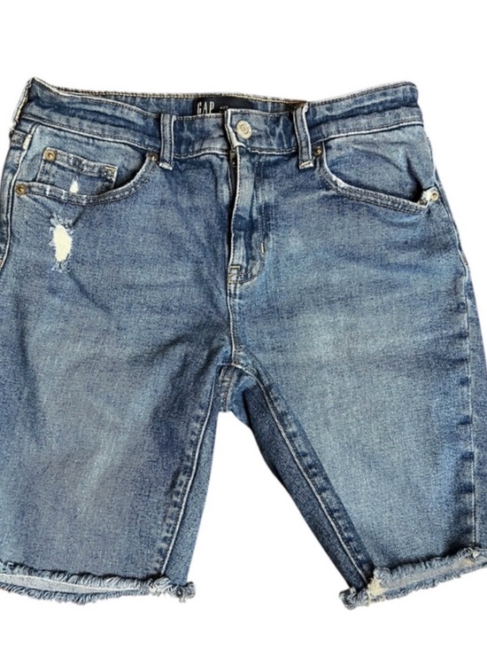 GAP Pants - GAP Denim Bermuda Shorts Size 4/27 Distressed Raw Hem Medium Wash 9” Inseam